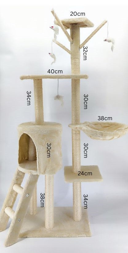 Katzenkratzbaum mit Leiter, Höhle und Spielmäusen, 48x34x135cm